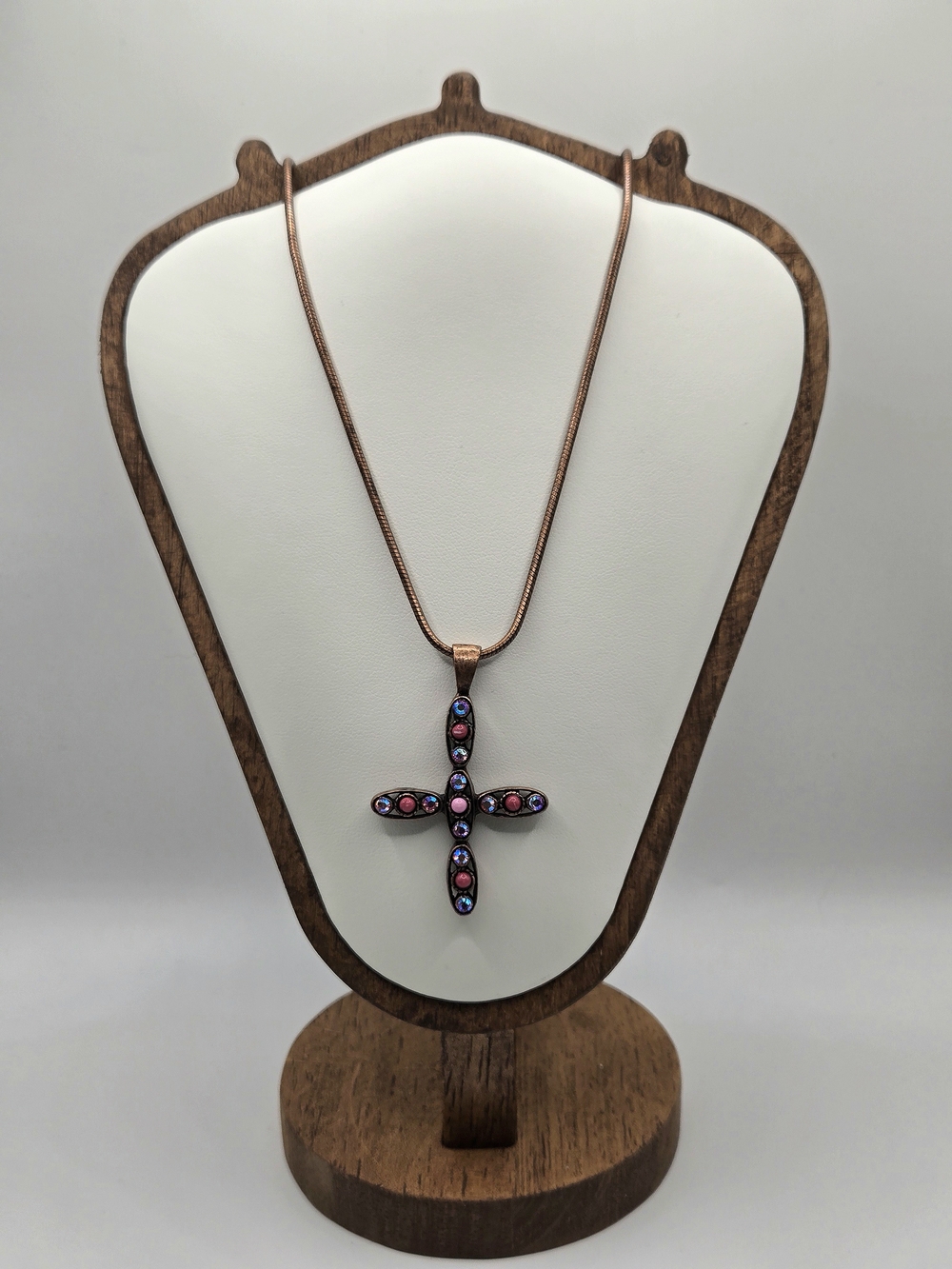 Vintage Copper Tone Rhinestone Cross Necklace